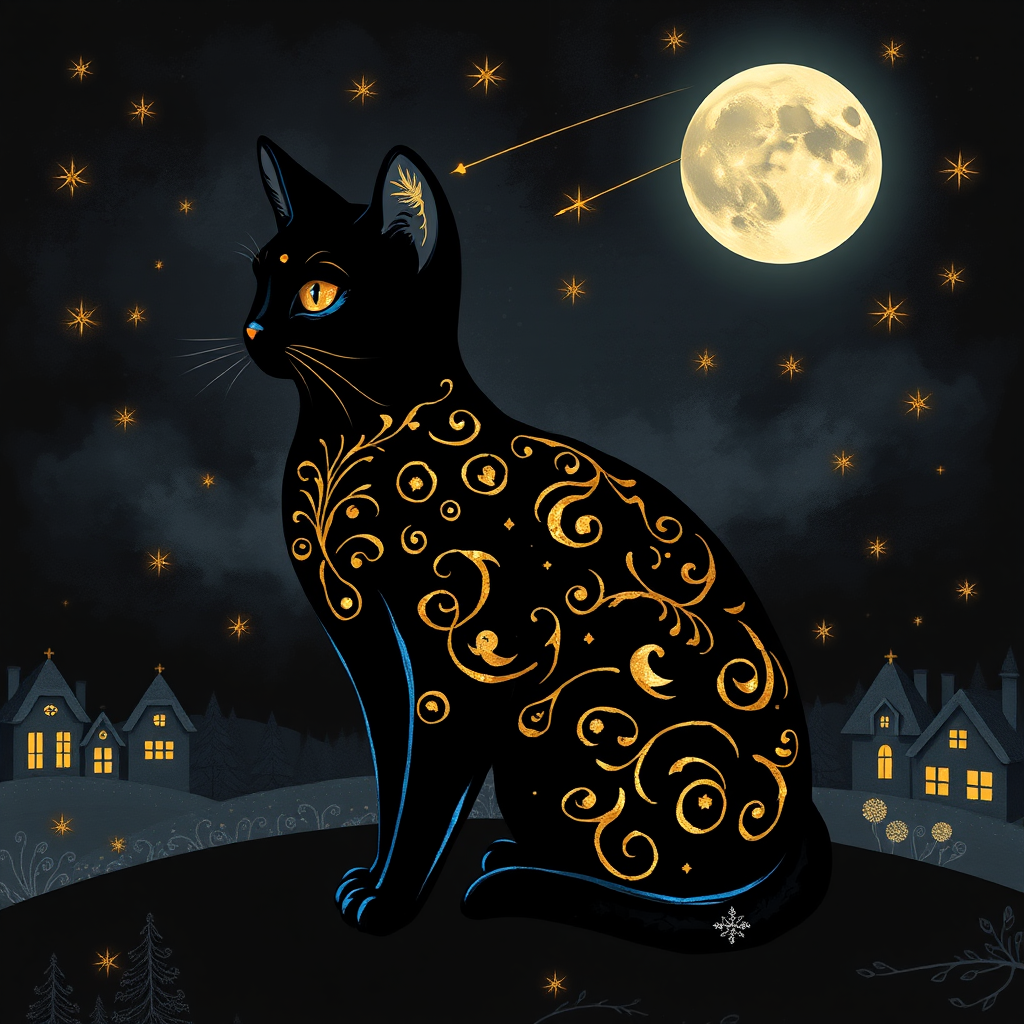 a stylized black cat with iridescent golden arabesques all over its body, on a grungy smoky black background with matching celestial designs, a full moon with silhouettes of lit houses, bright shooting stars, dazzling, magical BG, reminiscent of Christmas wonderland