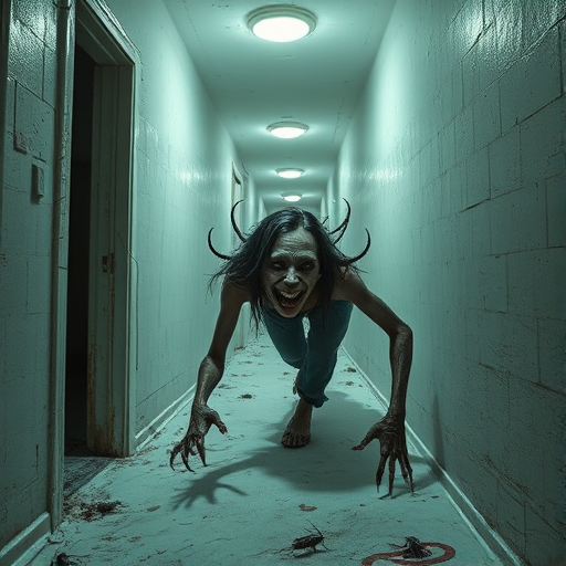 a crooked female with long arms and a creepy smile is crawling along a long white corridor and you can also see cockroaches in it there is a creepy atmosphere creepy art style