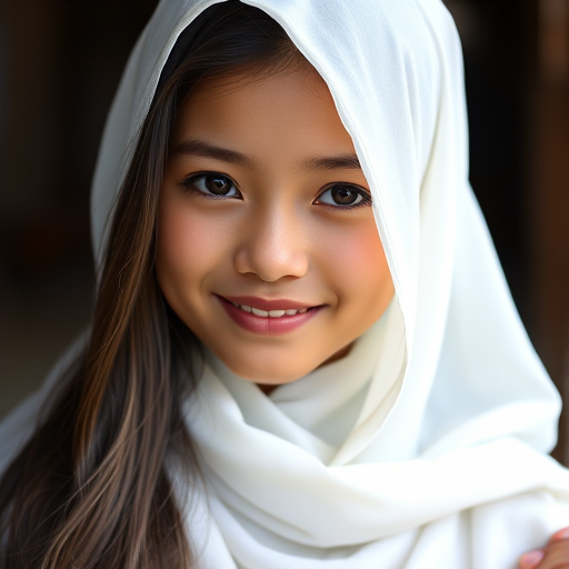 portrait of a young woman with long dark hair wearing a white headscarf and traditional attire, smiling softly at the camera, natural lighting, aperture f/1.8, ISO 200, 85mm lens, shallow depth of field, DSLR camera, soft focus background