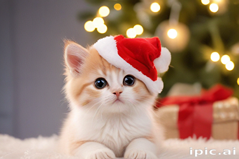Adorable Kitten Wearing a Santa Hat Surrounded by Holiday Cheer