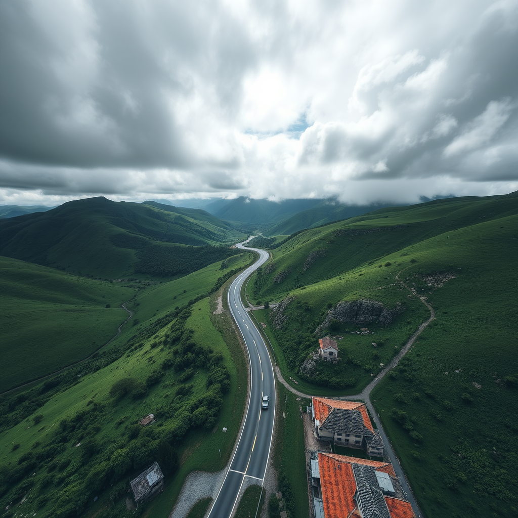 capture an aerial view of a winding road through lush green hills under a cloudy sky, use a drone camera with a wide-angle lens at 24mm, aperture f/8, ISO 100, shutter speed 1/200s, high dynamic range for enhanced detail in both shadows and highlights