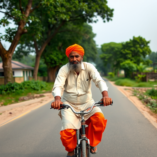 a man wearing an orange turban and orange dhoti riding a bicycle down a rural road with trees and houses in the background