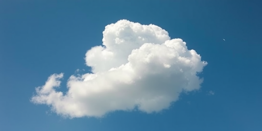 Create a highly detailed and realistic image of a cloud against a blue sky, using a DSLR camera with a 50mm lens, aperture set to f/2.8, ISO 100, shot in daylight from a low angle for dramatic effect.