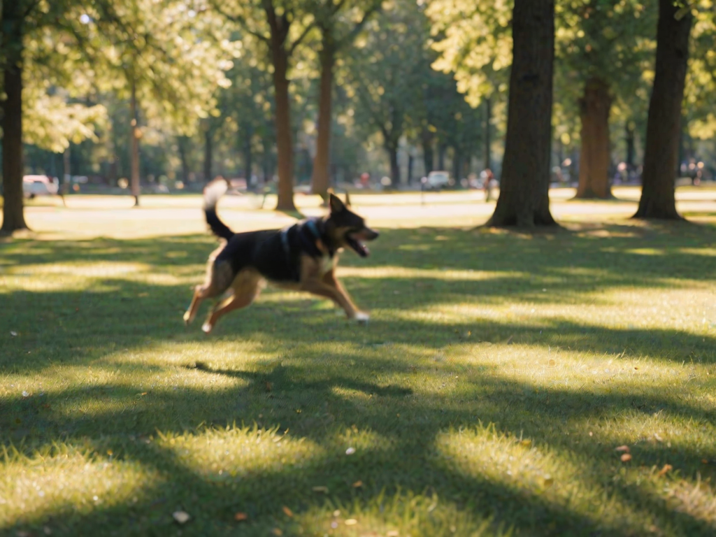 Blurry, candid photo of a dog chasing a frisbee in a park, soft focus on the motion, distant trees casting long shadows, and the sound of children laughing and playing in the background.