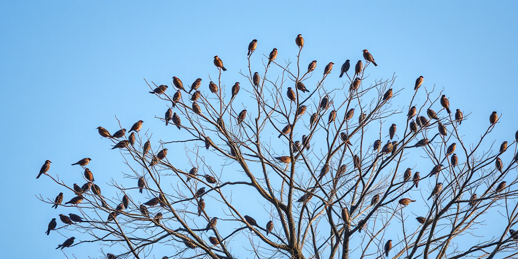 Capture a highly detailed image of a bare tree filled with birds perched on its branches against a clear blue sky, using a DSLR camera with a 85mm lens, aperture set to f/8, ISO 200, and a shutter speed of 1/250 sec, shooting from a low angle to emphasize the tree's height and the number of birds.