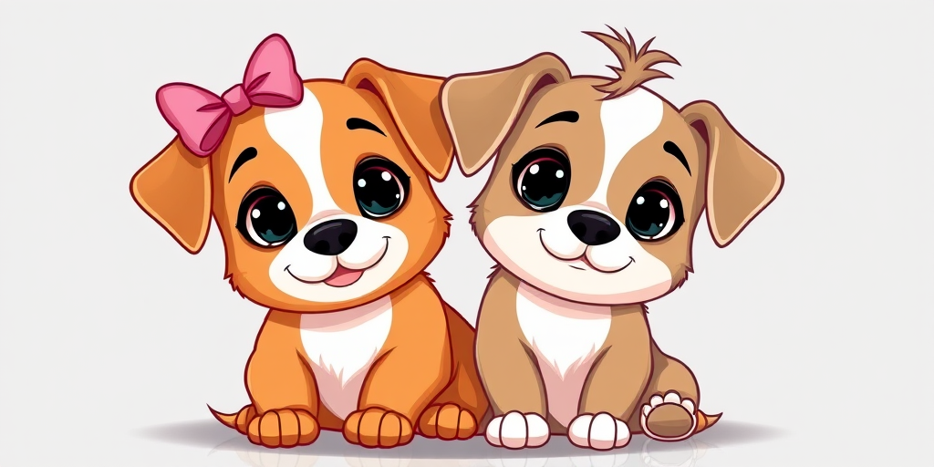 Generate a vibrant cartoon-style image of two cute dogs sitting close together, the first dog has a pink bow on its head and the second dog has a small tuft of hair, use a high-resolution digital format with a wide-angle view, set the camera to f/2.8 for a shallow depth of field, ISO 100 for clarity, and a shutter speed of 1/200s to capture the vivid colors and details.