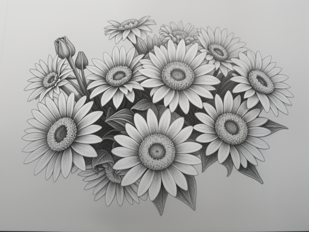 Detailed Black and White Illustration of a Beautiful Bouquet of Daisies