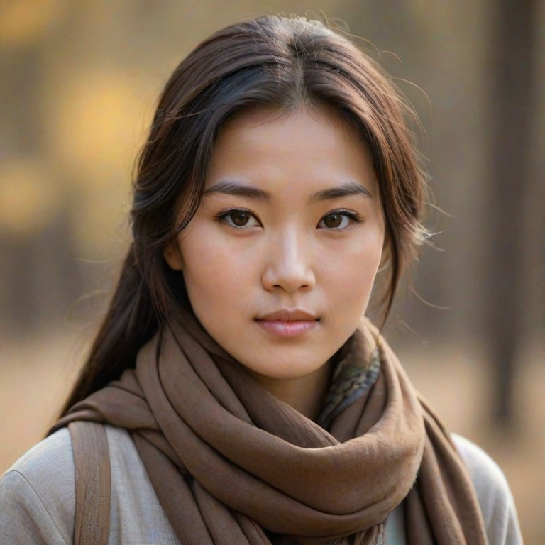 Create a portrait of a young Mongolian female with long, dark hair and captivating hazel eyes. She is wearing a brown headscarf and a matching scarf draped gracefully around her neck. The background is softly blurred, focusing attention on her serene and natural expression. The overall color palette is muted and warm, enhancing the intimate and authentic feel of the portrait.