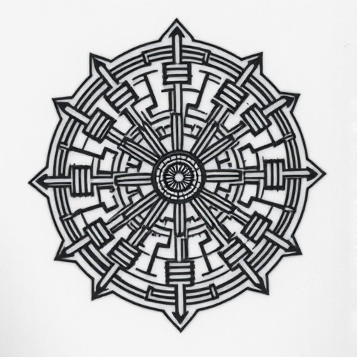 Intricate blackwork tattoo called "Geometric Labyrinth" showcasing a complex maze-like pattern of interconnected lines and shapes forming a mesmerizing optical illusion with bold contrasts and precise symmetry