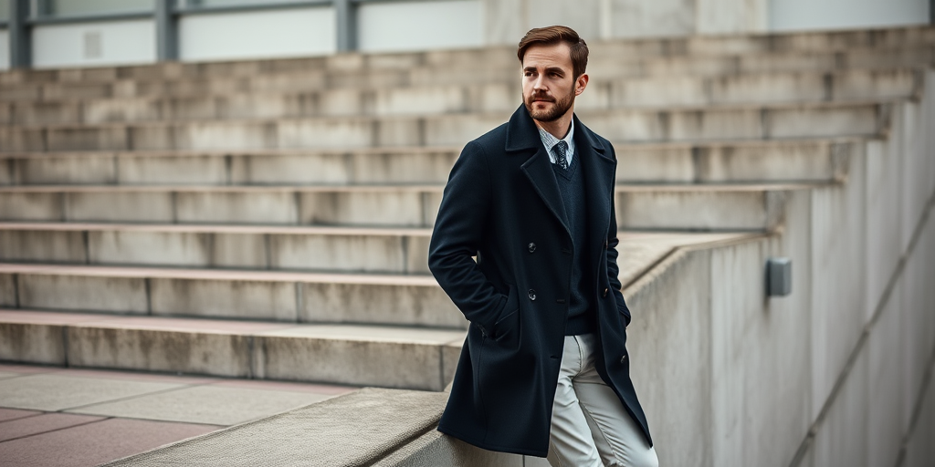 Regenerate the image of a man leaning against a concrete step, wearing a dark coat and light pants, with a shallow depth of field, using a full-frame camera with a 50mm lens at f/1.8, ISO 100, and a shutter speed of 1/200s, in natural daylight.