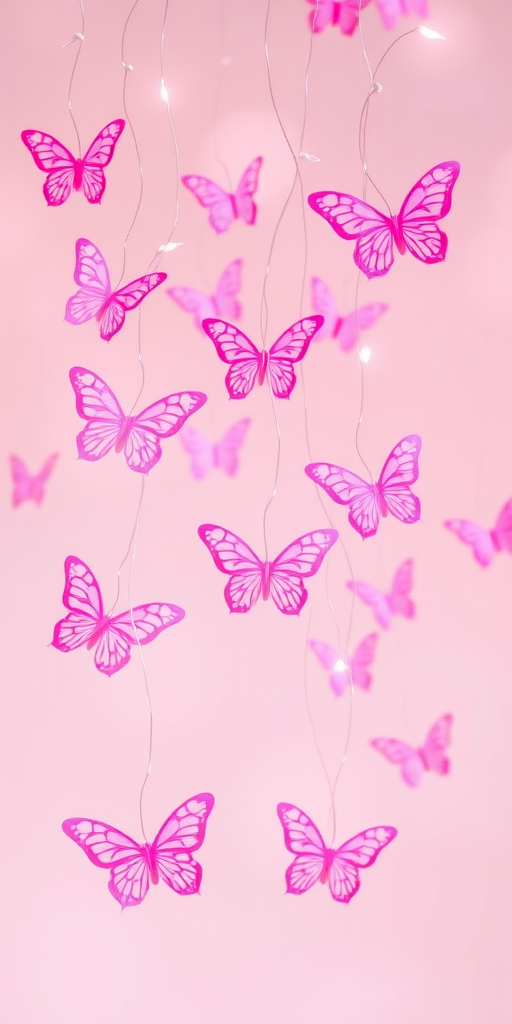 Create an image of delicate pink butterfly fairy lights hanging against a soft pastel background. The lights should be glowing softly, casting a warm ambiance. Include a variety of butterfly designs, with some appearing larger and others smaller, all suspended from thin strings. The overall effect should evoke a whimsical and dreamy atmosphere.