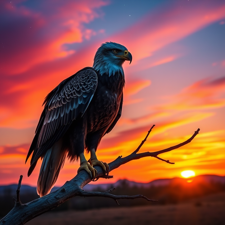 Capture a majestic eagle perched on a branch at sunset, with vibrant colors in the sky and stars visible, using a DSLR camera with a 24mm lens at f/8, ISO 200, 1/250 sec, in landscape orientation and high dynamic range style.
