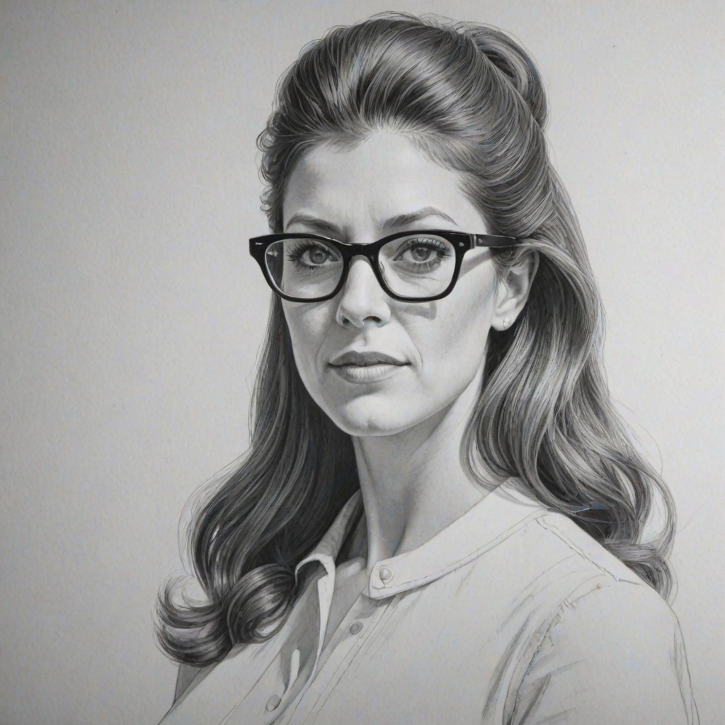 Exquisite Kate Walsh, pencil sketch, portrait of Dazzling woman 1963s in glasses, hair style beatnik, outline, clear lines, fine lines, 8k