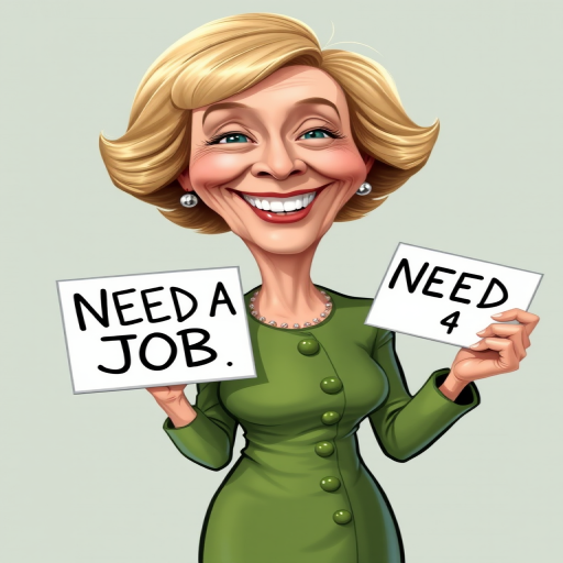 caricature of a smiling Maggie Smith in a Asparagus dress or suit, holding up a sign that says "NEED A JOB", no watermark,