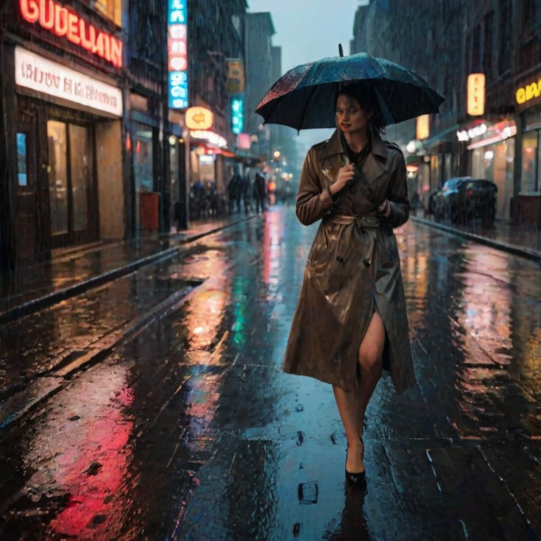 Rain-soaked city street at night, neon signs reflecting off the wet pavement, a woman in a trench coat walks briskly under her umbrella, her heels clicking softly on the cobblestones as she navigates the quiet, rain-soaked streets.