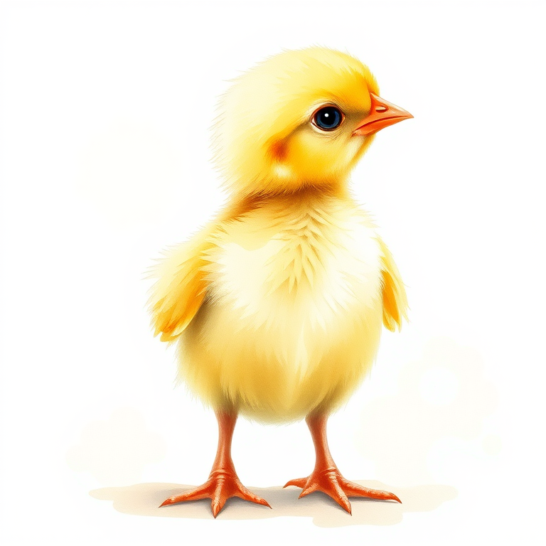 Create a watercolor illustration of a small yellow chick standing upright, with soft feathers and a slight tilt of the head, photographed with a macro lens at f/4, ISO 100, 1/200s, using a DSLR camera with natural light to enhance colors and details.