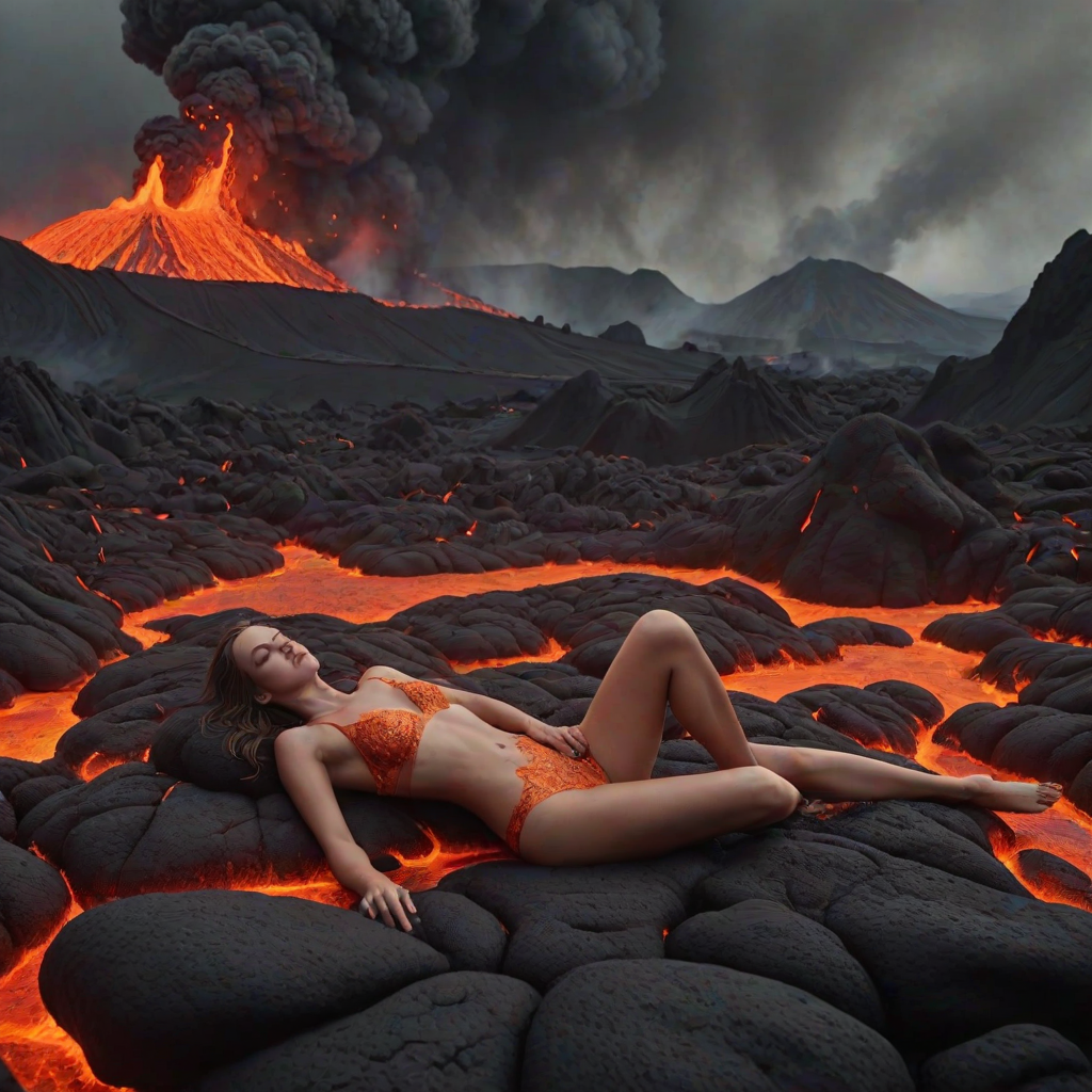 A surreal, detailed image of a woman lying comfortably in flowing lava, with gray smoke rising around her. She appears relaxed despite the molten surroundings, with a volcanic landscape and distant mountains in the background. The scene is vivid, with the bright lava contrasting against the dark, smoky atmosphere.