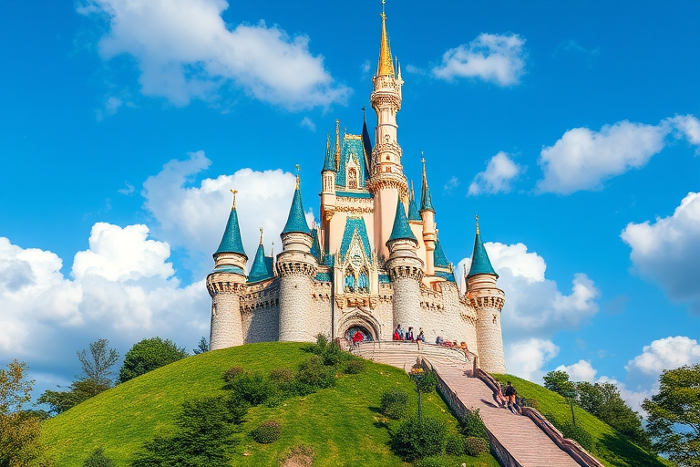 Create a vibrant, whimsical castle standing atop a green hill with blue skies and fluffy white clouds, use a DSLR camera with a 24mm lens, aperture f/8, ISO 100, shot from a low angle to capture the grandeur and detail of the castle architecture.