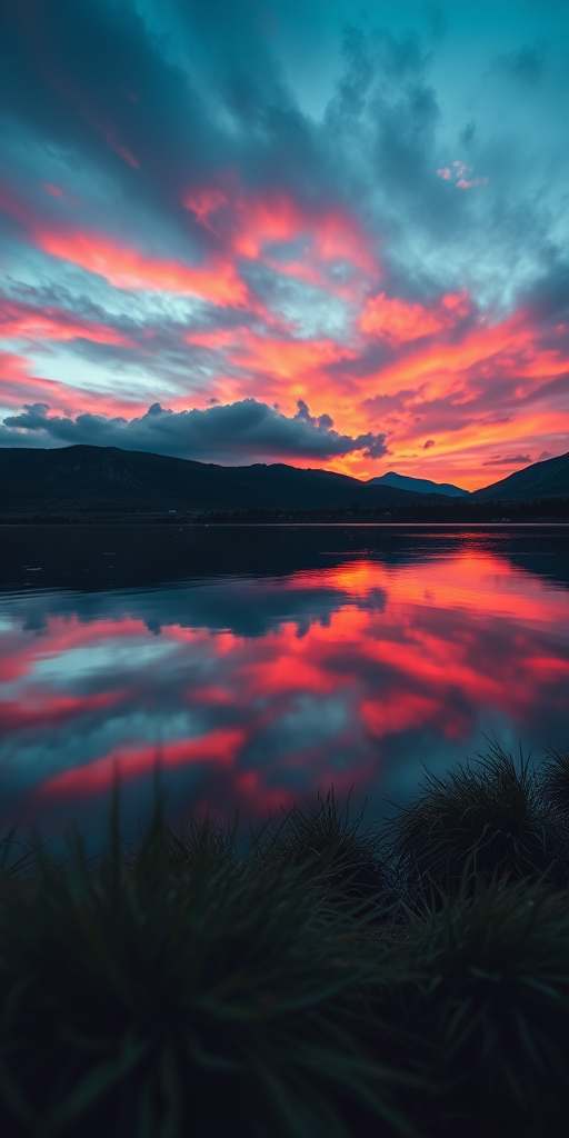Generate a detailed, high-resolution image of a serene landscape at sunrise, with vibrant colors in the sky reflecting on a calm lake, using a Canon EOS R5 camera, 24mm lens, aperture f/8, ISO 100, and a shutter speed of 1/125 seconds, captured from a low angle view to emphasize the foreground.