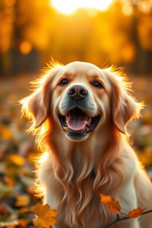 A golden retriever portrait in a soft golden hour light, shallow depth of field, 50mm lens, aperture f/1.8, ISO 200, slightly overexposed for warmth, captured with a DSLR camera, focusing on the dog's joyful expression amidst autumn foliage.