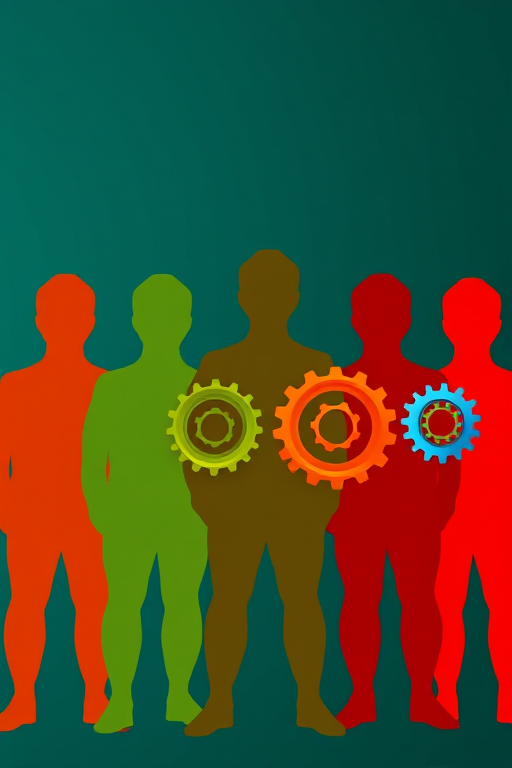 Create an image featuring the outline of five human figures in a gradient of colors from red to green, interconnected with six colorful gears in hues of red, orange, green, and blue, against a deep teal background; camera type: DSLR, camera style: vector illustration, camera settings: ISO 100, aperture f/8, shutter speed 1/60s, with a focus on high clarity and vibrant color contrast.
