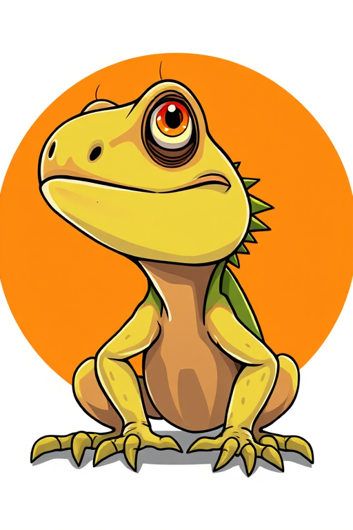 Create a vibrant illustration of a cartoon iguana with exaggerated features, set against a soft orange circular background, using a digital art style, 4K resolution, and a 35mm focal length for a detailed view, ensuring bright colors and sharp contrasts.