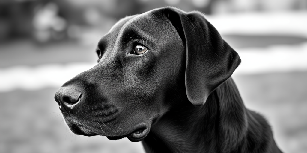 Create a high-resolution, black and white image of a Labrador Retriever's close-up profile, using a Canon EOS 5D Mark IV with a 50mm f/1.4 lens, aperture set to f/2.8, shutter speed 1/250 sec, ISO 200, in natural outdoor lighting with a soft focus background for an artistic effect.