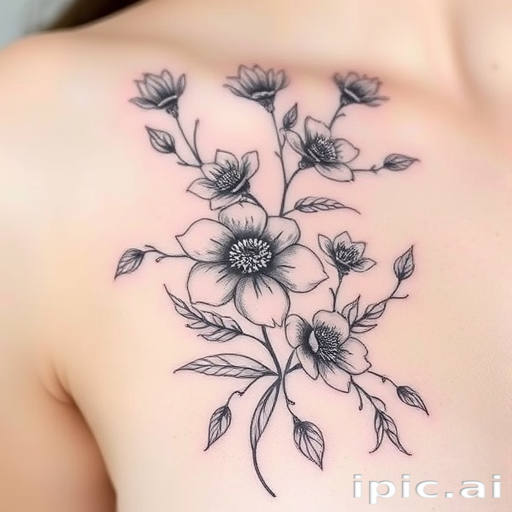 Fine line botanical tattoo called "Whispered Flora" featuring delicate, ultra-thin lines to create intricate renderings of flowers, leaves, and vines with exquisite detail