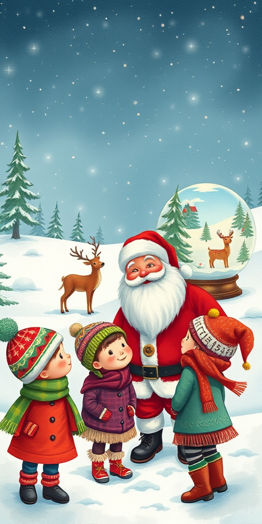 Create a festive winter scene featuring a cheerful Santa Claus in a snowy landscape. Include three children wearing colorful winter outfits with scarves, looking towards Santa. Add playful deer in the background and a large globe decorated with holiday motifs. The sky should be filled with stars, and there should be trees dotting the landscape.