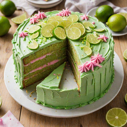 Create an image of a vibrant green cake with pink frosting, topped with thinly sliced lime pieces. The cake should be cut to reveal its layers, with a slice displayed separately on a white plate. Surround the cake with additional lime slices on a light wooden surface.