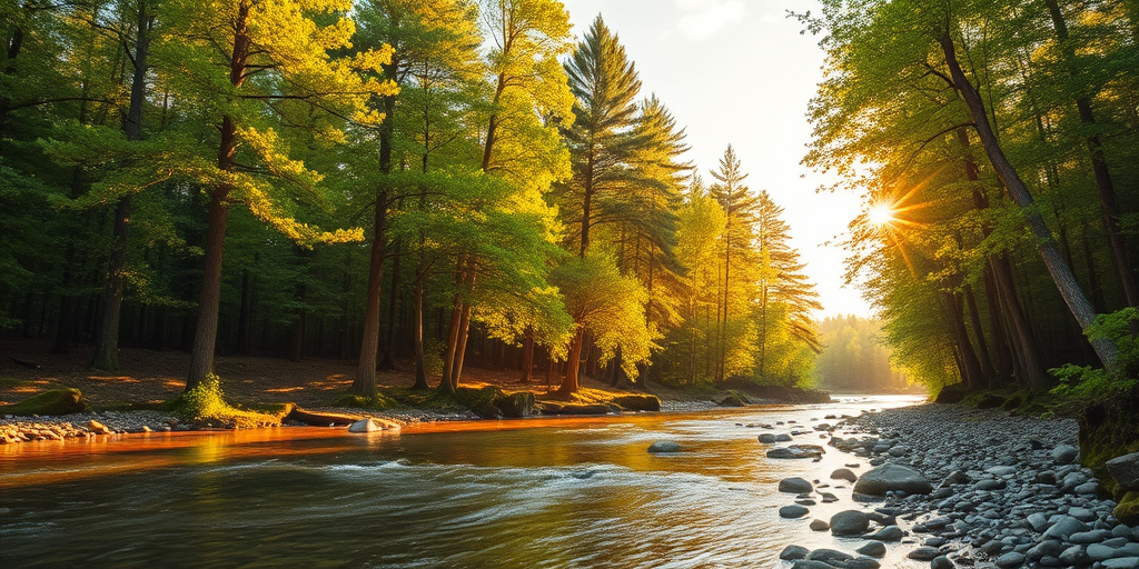 Create an image of a serene, sunlit forest scene with a clear, gently flowing river. Tall trees with lush green foliage line both sides of the river, their leaves bathed in the warm golden light of the setting or rising sun. The sunlight filters through the trees, casting soft, dappled light on the river, which flows over smooth rocks and pebbles, creating a peaceful, natural atmosphere. The sky is bright with a few scattered clouds, and the overall mood is tranquil, evoking a deep sense of connection with nature. The image captures the beauty of a calm, pristine forest landscape at either dawn or dusk.