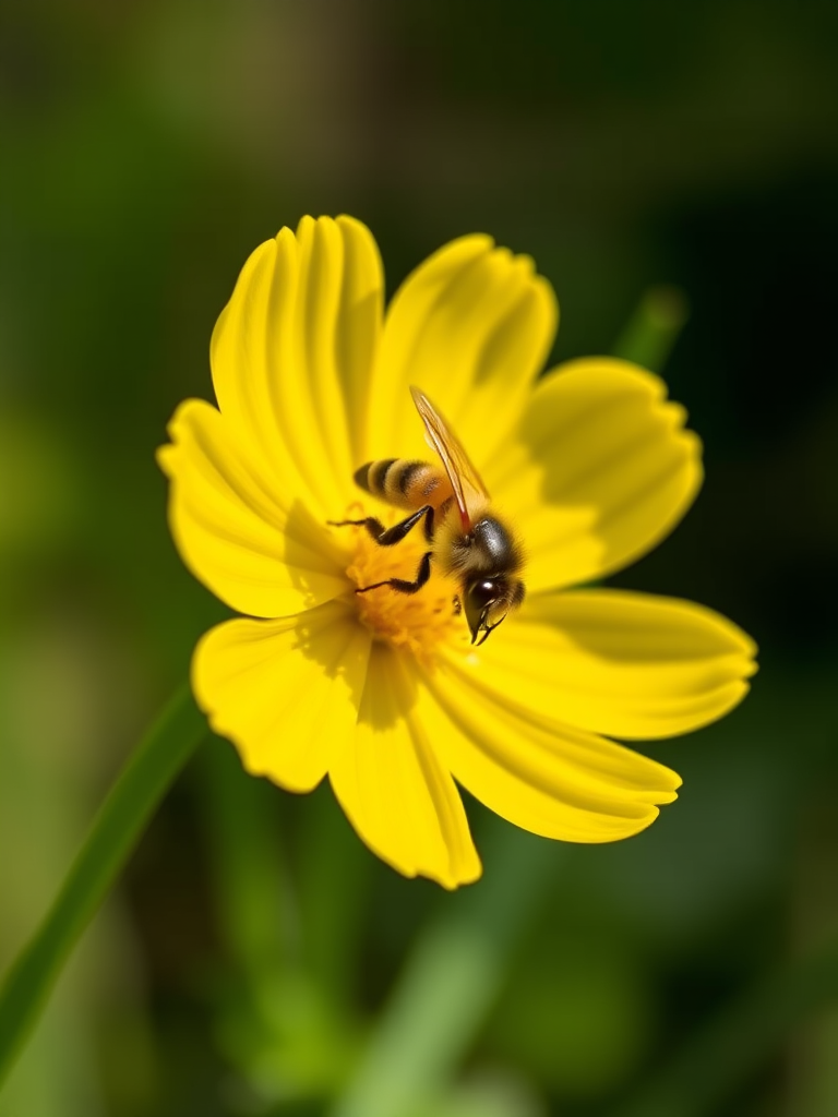 macro shot of a yellow buttercup flower with a bee perched on it, using a Canon EOS 5D Mark IV, 50mm f/1.8 lens, ISO 100, f/3.2 aperture, 1/200s shutter speed, natural lighting, shallow depth of field, focus on the bee and flower details.