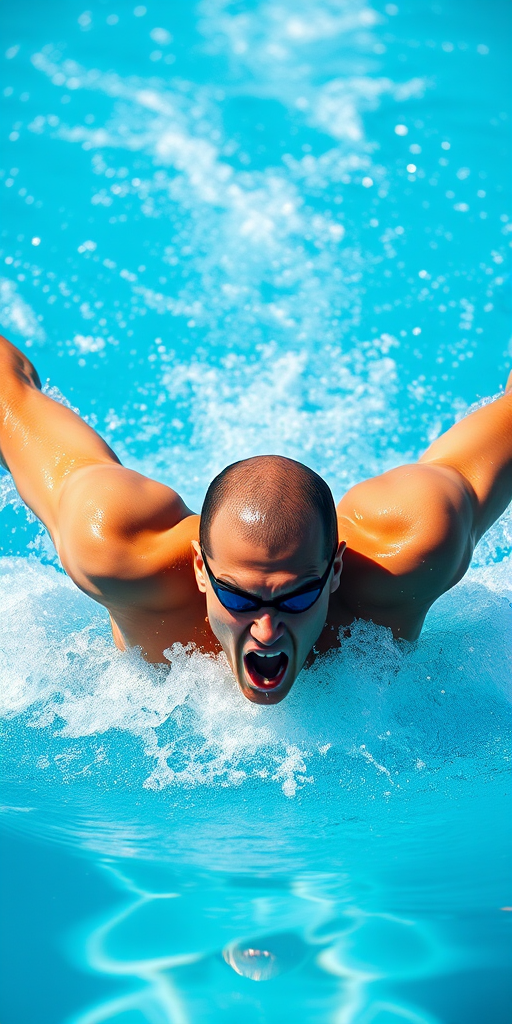 Create a high-resolution image of a male swimmer performing the butterfly stroke with arms extended, splashing water around him, in a bright pool setting, captured with a DSLR camera at f/2.8 aperture, ISO 200, 1/1000 sec shutter speed, in a close-up view for enhanced detail and clarity, showcasing dynamic motion and vibrant colors.