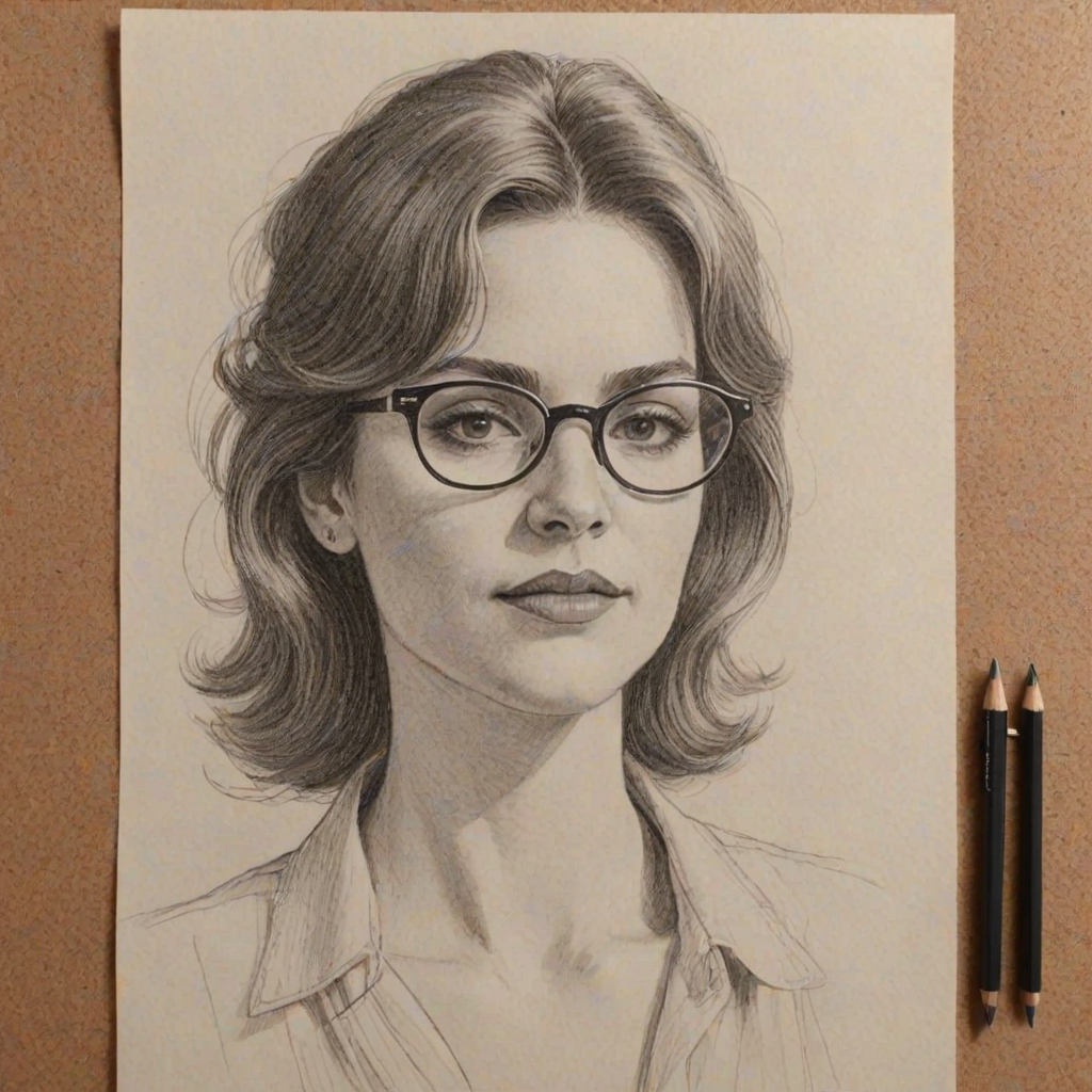Beauteous Edi Patterson, pencil sketch, portrait of Charming woman 1977s in glasses, hair style beatnik, outline, clear lines, fine lines, 8k