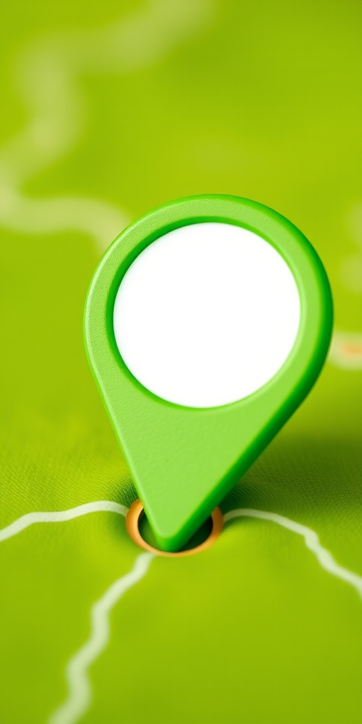 Create a vibrant green location pin with a white circle in the center, using a high-resolution digital camera at 50mm focal length, f/1.8 aperture, ISO 100, shot from a close-up angle, with soft natural lighting for enhanced details and smooth gradients.
