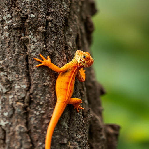 a close-up of a vibrant orange and yellow lizard climbing a textured tree trunk in a natural setting with a soft blurred background