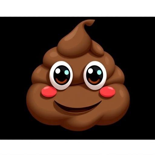 Regenerate a cartoonish poop emoji with big eyes and a smile on a solid black background, using a DSLR camera, aperture f/2.8, ISO 200, 50mm lens, top-down view, high dynamic range for enhanced color vibrancy.
