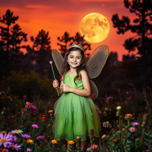 A vivid photo  taken under a bright camera flash of a fantastical scene set against a backdrop of a forest during sunset. The main subject is a girl dressed as a fairy, adorned with translucent wings and a green dress, holding a wand, her face is happy, and she wears a crown on her head. The forest behind her is a blend of flowers, shrubs and trees. The sky is painted in hues of orange and pink, with a large, glowing moon casting a warm glow over the scene. The overall color palette is dominated by earthy tones.