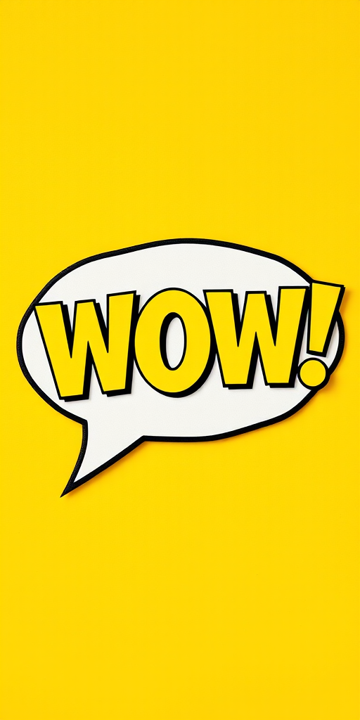 Create a vibrant speech bubble graphic with the word WOW in bold yellow letters, textured background, shot with a Canon EOS R5, f/2.8 aperture, ISO 100, 50mm lens, 4k resolution, studio lighting for enhanced detail and clarity.