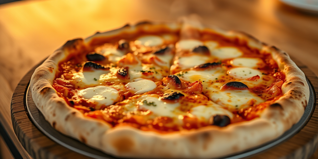 A freshly baked pizza steaming on a wooden platter, with melted mozzarella and a slightly charred crust, warm lighting, 50mm lens, f/2.8, ISO 100, shot from a low angle with soft focus on the background.