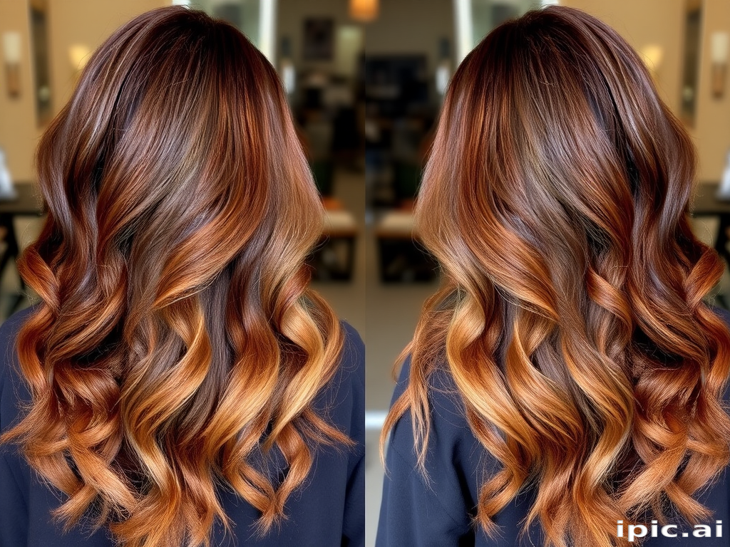 Luxurious chocolate brown to caramel ombre called "Dulce de Leche Dream" featuring long layers, rich warm tones transitioning smoothly, soft voluminous curls cascading down back, face-framing highlights in lightest shade
