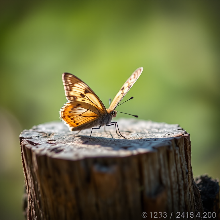 Close-up of a butterfly perched on a wooden stump, soft focus background, natural lighting, f/2.8 aperture, 85mm lens, ISO 200, shot with a DSLR camera, shallow depth of field for enhanced detail.
