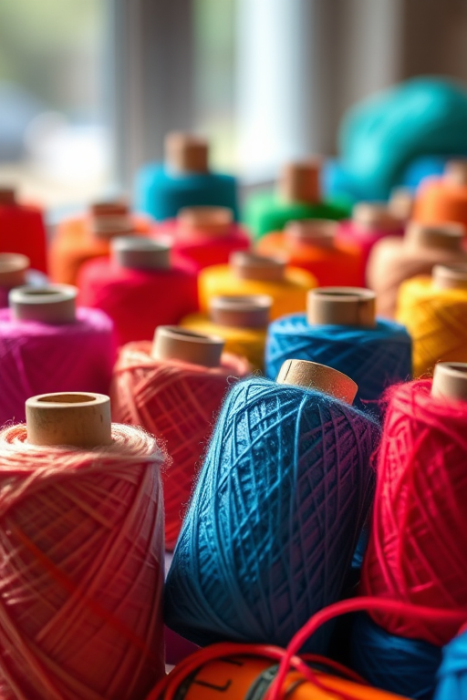 Capture a vibrant arrangement of colorful yarn spools in natural light, with a shallow depth of field to emphasize the textures; use a DSLR camera with a 50mm lens, aperture set to f/2.8, ISO 100, and a focal length of 50mm, shooting at 1/200s.