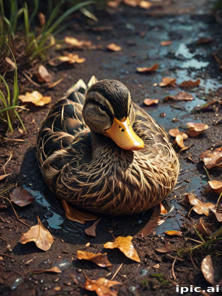 Stunning image of a cute adorable tired looking wacky duck laying flat on the ground, no emotions, moody, grainy, noisy, concept art, by Alberto Seveso, Cyril Rolando, Dan Mumford, Meaningful Visual Art, Detailed Painting, Digital Illustration,