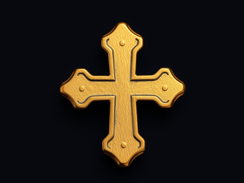 Create a high-resolution image of a gold cross with rounded ends, using a Canon EOS R5 with a 50mm f/1.2 lens, aperture set to f/2.8, ISO 100, and a soft, diffused lighting setup to enhance detail and texture.