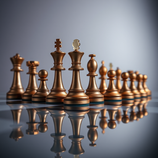 chess pieces arranged on a reflective surface, high-resolution, studio lighting, macro lens, f/2.8 aperture, ISO 100, 50mm lens, shot from a low angle to emphasize depth