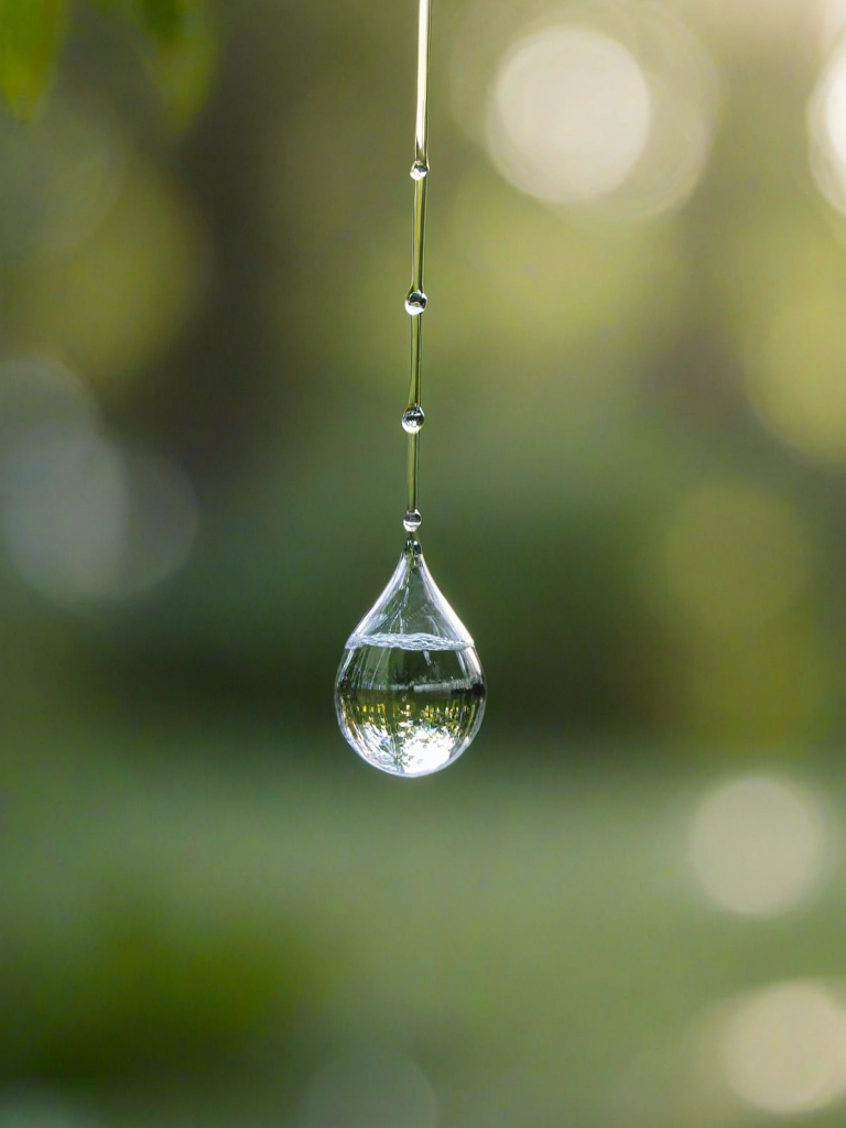 High-resolution photo of a single drop of water suspended in mid-air, frozen in time, soft light reflecting off its surface, with the blurred outline of a lush green garden in the background.