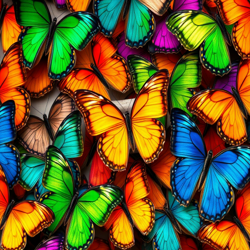 High-resolution close-up shot of a vibrant array of colorful butterflies in a seamless pattern, ISO 100, f/8 aperture, 50mm lens, natural daylight, soft focus background.