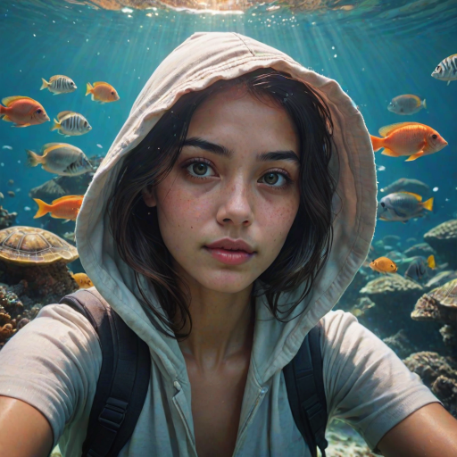 Realistic selfie image of a Singaporean, wearing a vintage outfit, detailed dreamy eyes, droopy hooded eyes, staring at the camera, taken underwater at coral reef with a sunbeam filtering through the water, vibrant, summer vacation, natural lighting, turtle and school of tropical fish with vibrant colors, rendered in the style of CryEngine, Pegi Nicol MacLeod, with realistic genre scenes, hauntingly beautiful narratives, ultra-realism, and Thomas Saliot's close-up technique, 8K resolution, crystal clear and sparkling water.