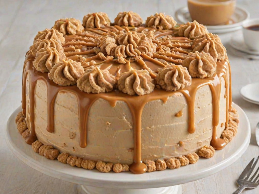 Create an image of a round cake with a smooth caramel frosting. The top of the cake should have swirls of light brown frosting and several biscuit cookies arranged decoratively. Include a drizzle of caramel sauce running down the sides of the cake and a crumbly base made of crushed cookies. The cake should be displayed on a white cake stand.